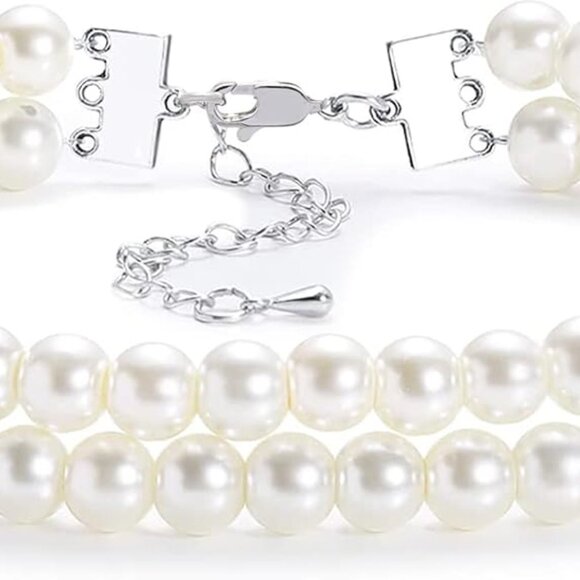 Round Imitation Pearl Choker Necklace Multi Strands Choker 20s Flapper Necklace - Picture 1 of 5